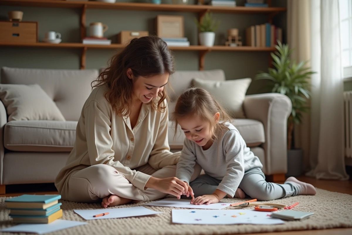 Maman et fille faisant un projet scolaire dans le salon