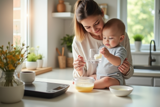 Jeune maman versée dans une cuisine lumineuse pour le biberon