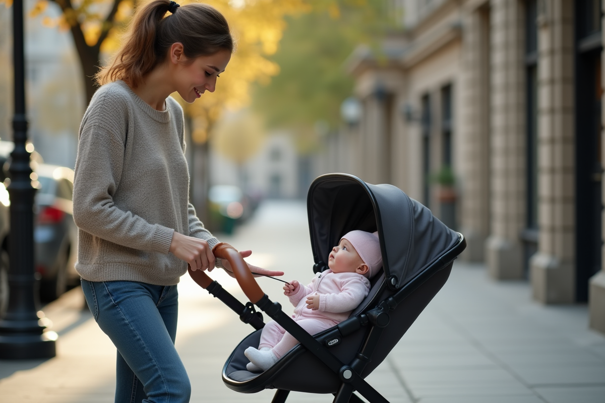Jeune maman ajustant une poussette avec bébé dans la ville