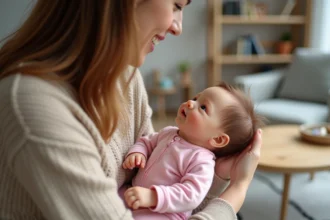 Jeune maman caressant un bébé reborn dans un salon chaleureux