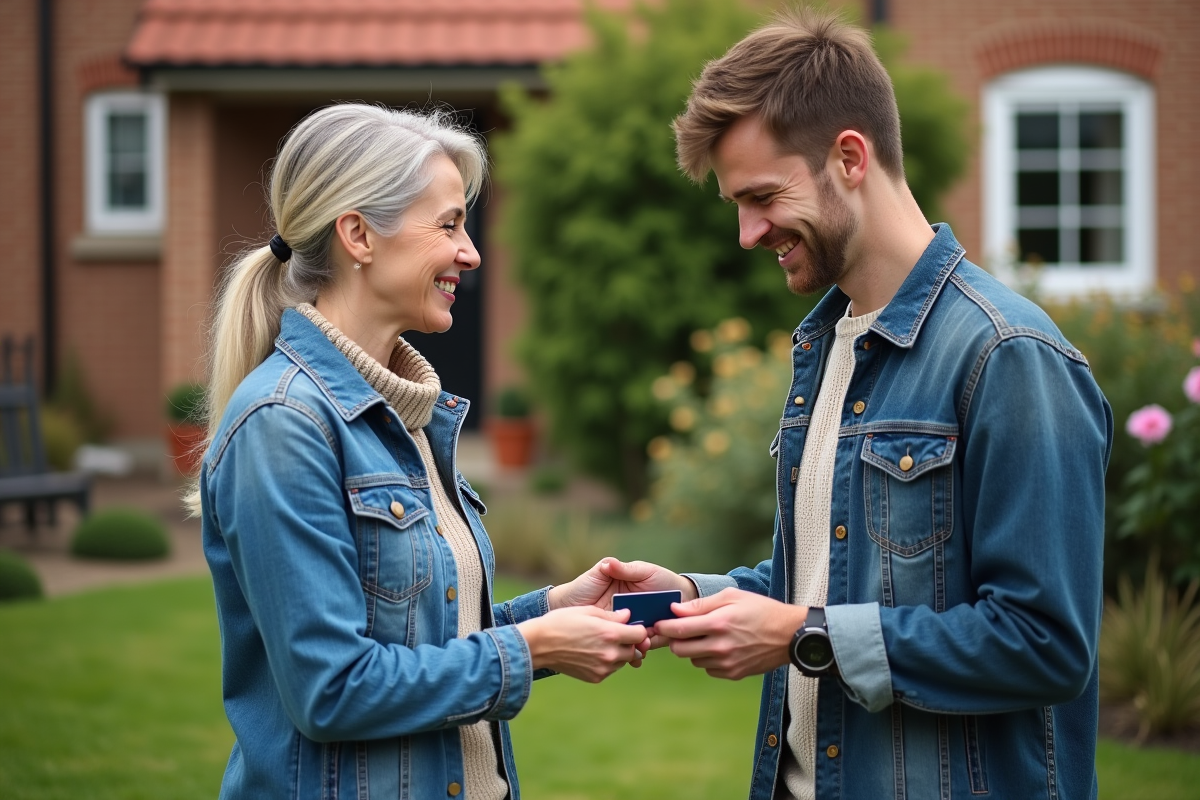 Maman donnant une carte bancaire à son fils dans le jardin