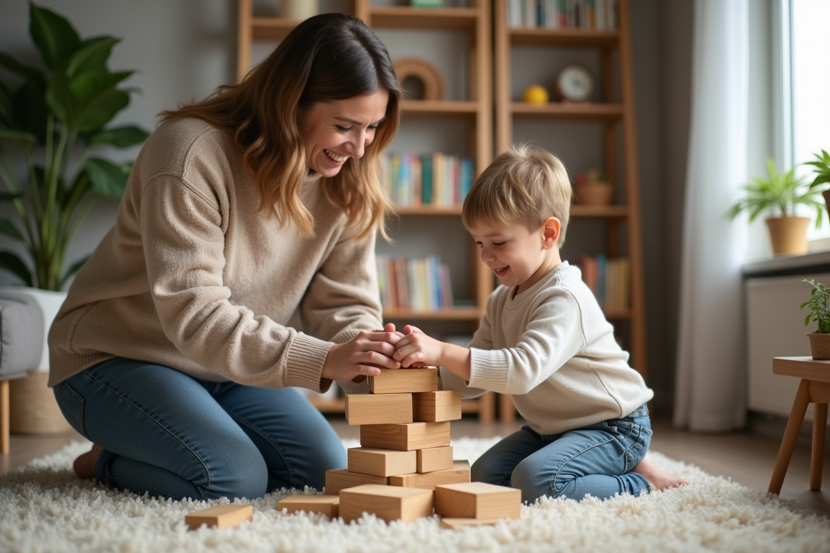 Maman et son fils jouent avec des blocs en bois dans le salon
