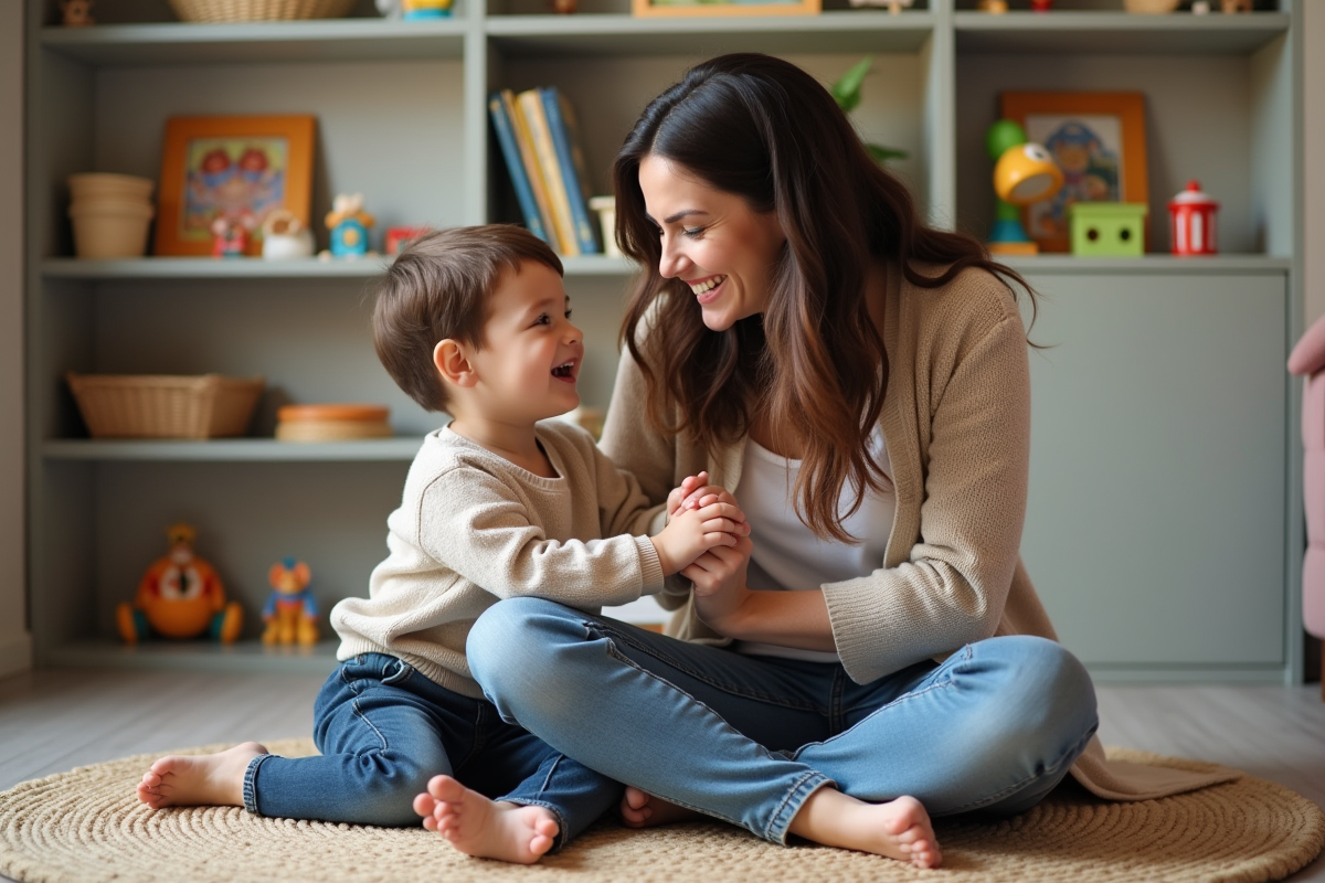 Maman et son enfant rient sur un tapis douillet