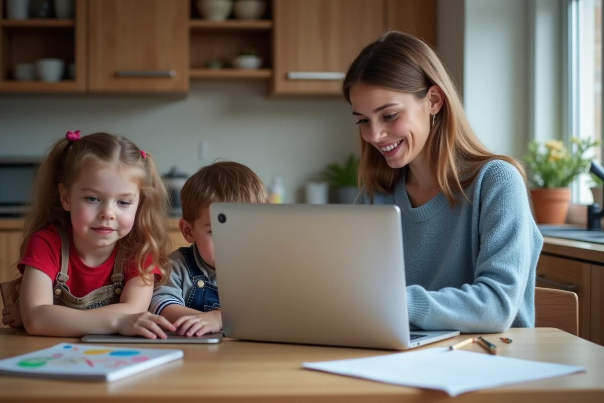 Maman avec ses enfants à la table de cuisine chaleureuse