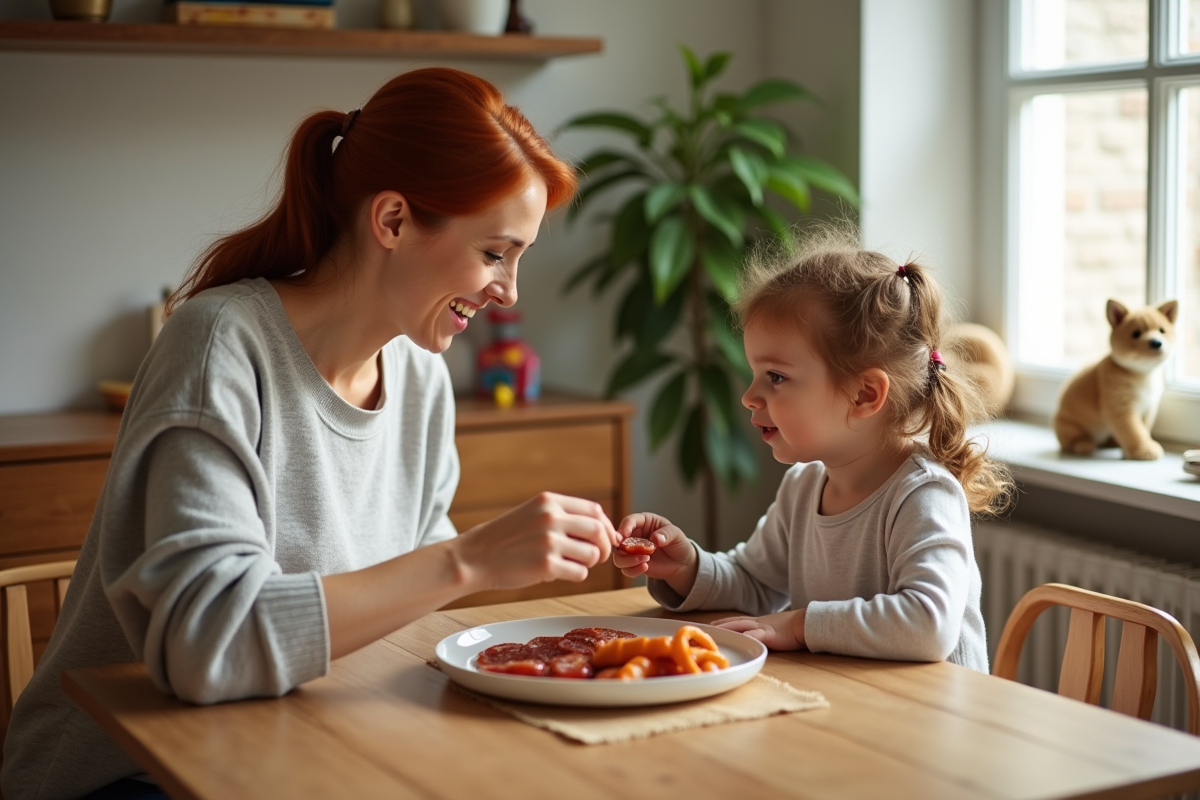Maman offrant du saucisson à sa fille dans une salle à manger chaleureuse