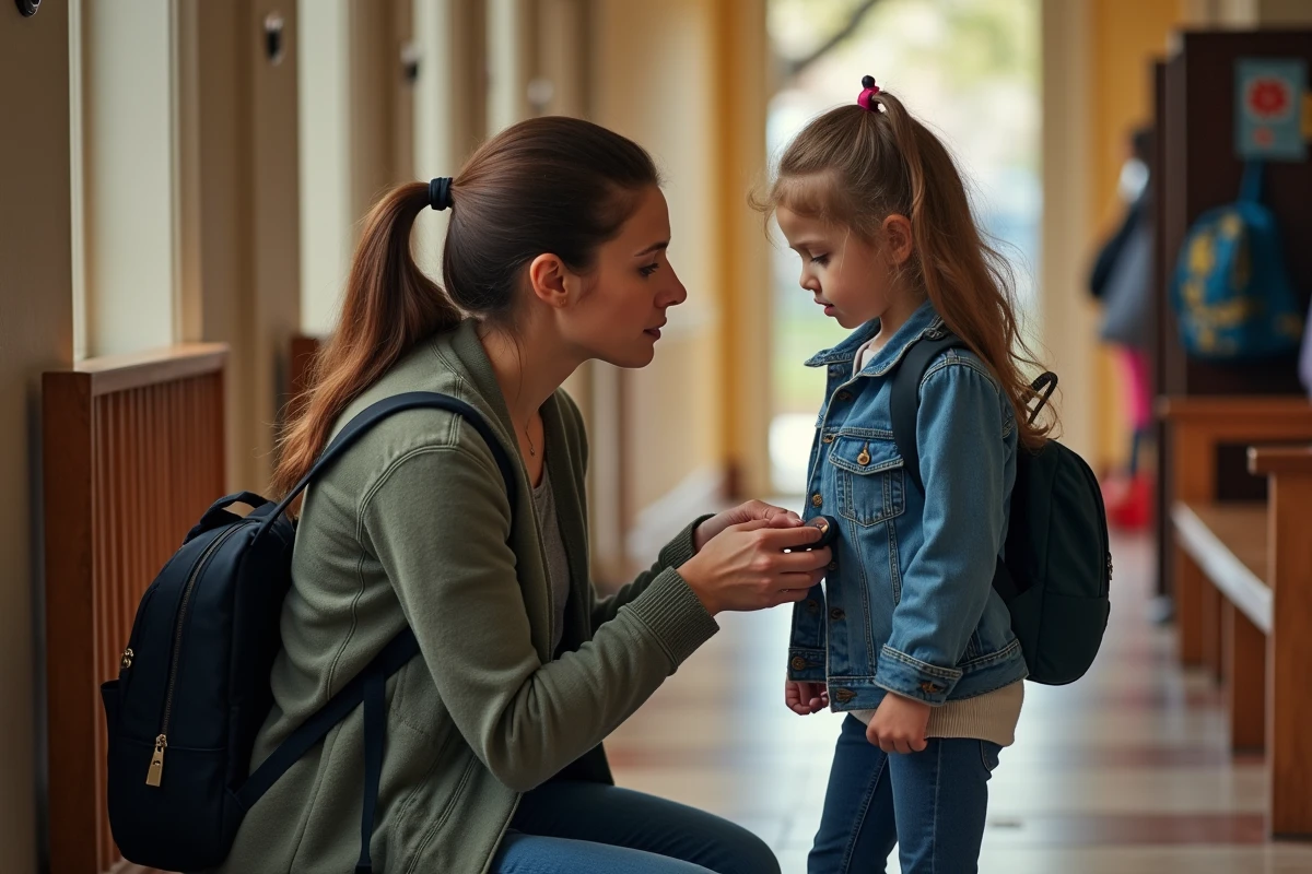 Maman ajustant un GPS sur la veste de sa fille dans un couloir chaleureux