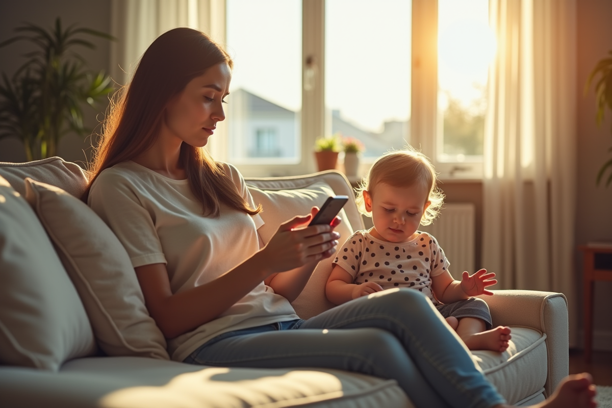 Jeune maman inquiète sur le canapé avec son smartphone