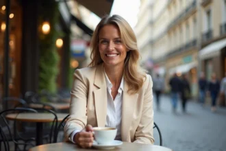 Femme élégante souriante en terrasse de café parisien, regard discret et complice vers quelqu'un hors champ