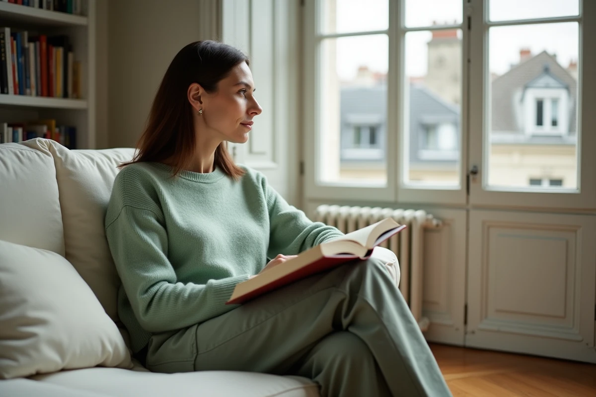 Femme élégante et pensive dans un appartement parisien, regard discret vers la fenêtre, ambiance intérieure raffinée