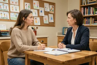 Une mère discute avec une enseignante de maternelle au sujet d'une absence pour voyage en famille, autour d'un bureau avec des documents scolaires