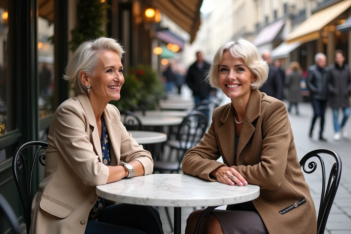 Deux femmes de générations différentes partageant une ressemblance familiale évidente autour d'un café en terrasse parisienne