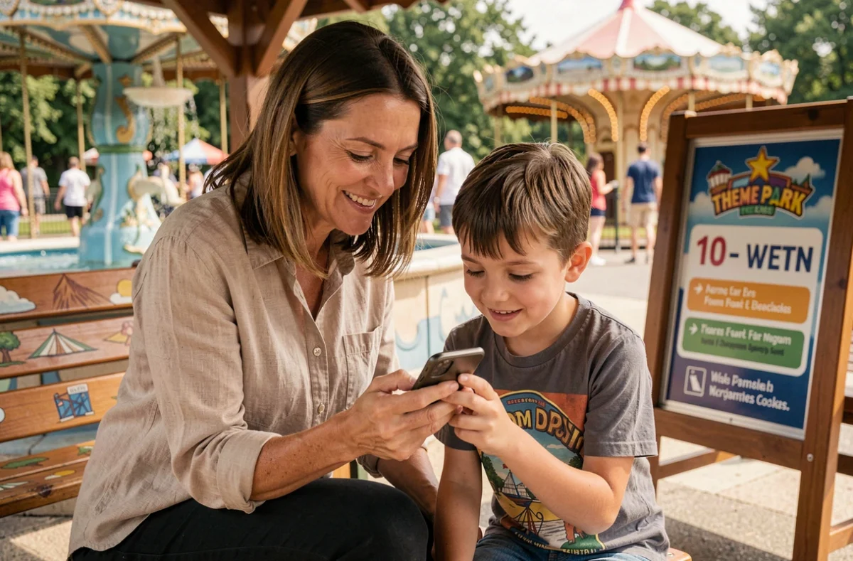 Mère et fils consultant une application mobile pour choisir les meilleures attractions sans attente