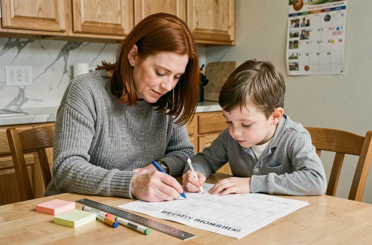 Mère aidant son fils à remplir un planning imprimable hebdomadaire pour les devoirs et activités extrascolaires à la table de cuisine