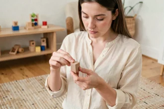 Mère inspectant un jouet en bois Montessori pour vérifier sa sécurité pour bébé de 1 an
