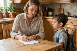 Mère écrivant une lettre d'absence scolaire pour vacances familiales à une table en bois avec son fils