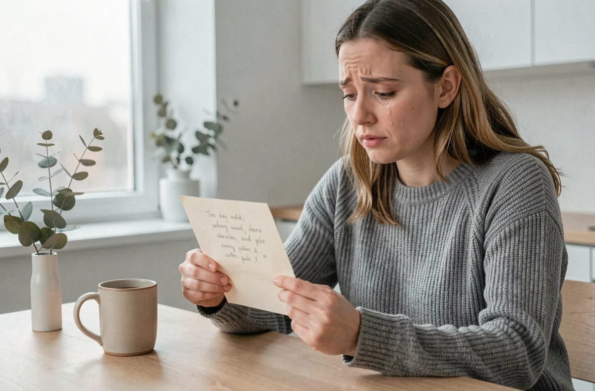 Une femme émue lisant un message de condoléances manuscrit à sa table de cuisine, tenant une carte avec émotion et recueillement