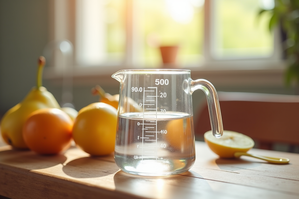 Verre doseur avec eau et fruits frais sur une table en bois