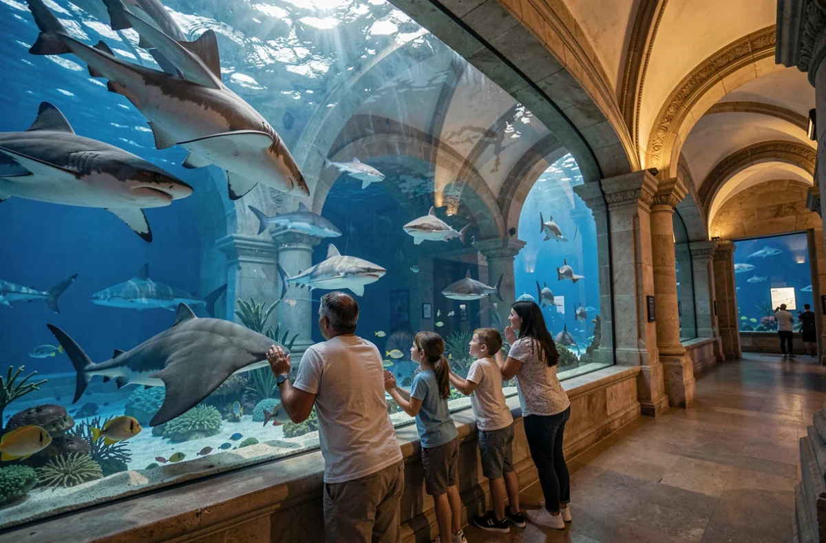 Une famille admire les requins et raies dans les immenses aquariums du Musée Océanographique de Monaco