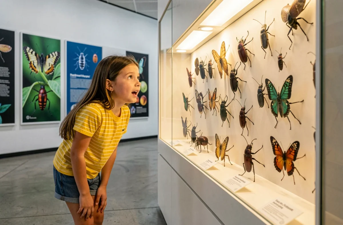 Une fillette contemple avec émerveillement une vitrine d'insectes et de papillons au Naturoptère de Sérignan-du-Comtat