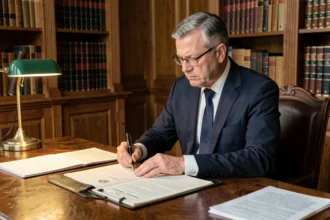 Notaire en costume marine examinant un testament manuscrit dans son étude traditionnelle avec bureau en chêne et bibliothèque juridique