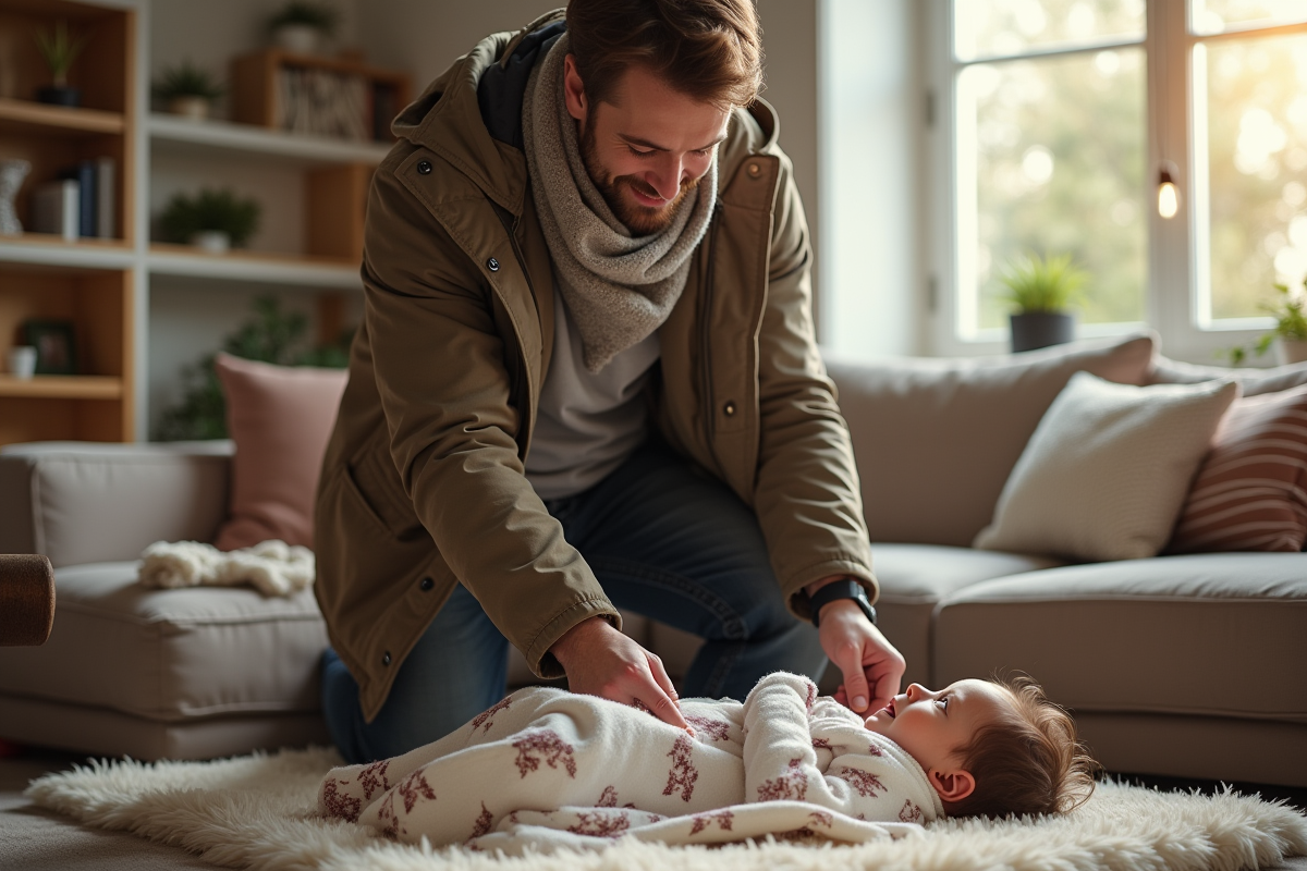 Papa assemble une poussette dans un salon chaleureux