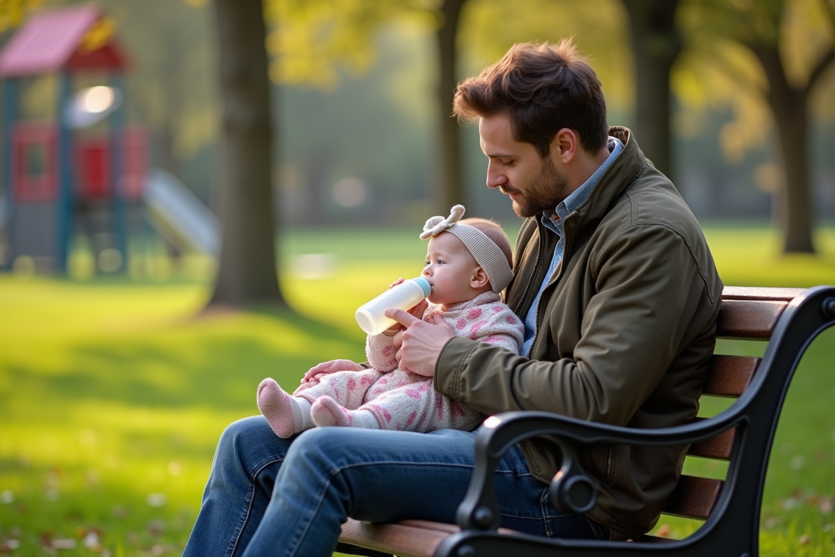Papa donnant le biberon à sa fille dans un parc verdoyant