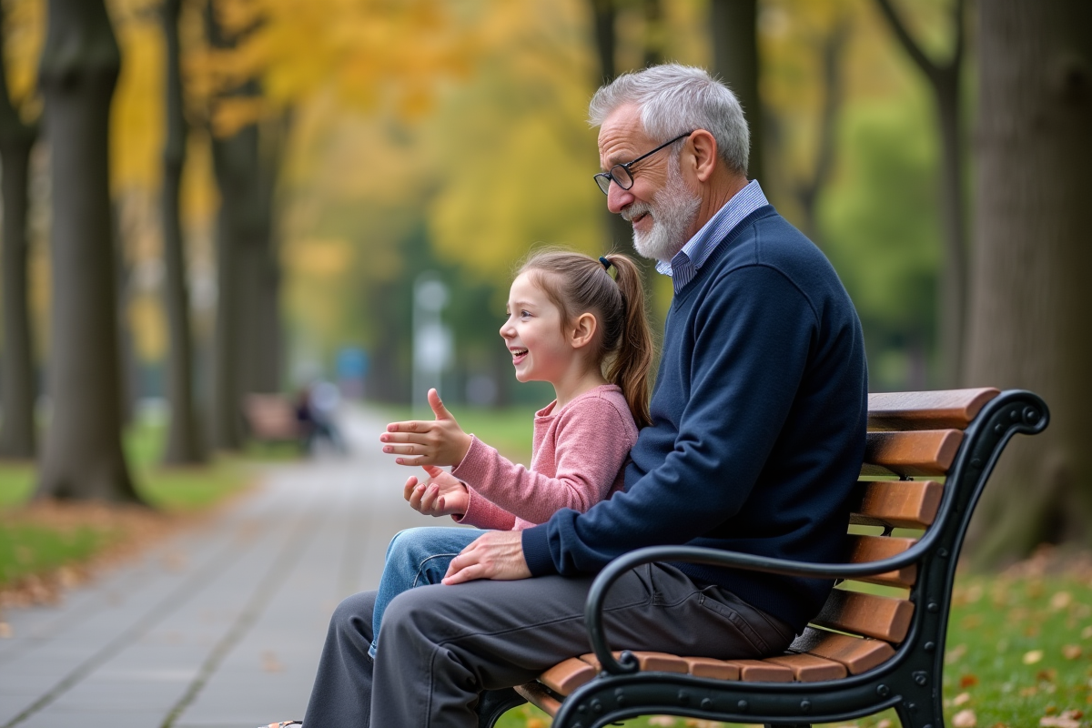 Pere et fille discutent dans un parc en automne