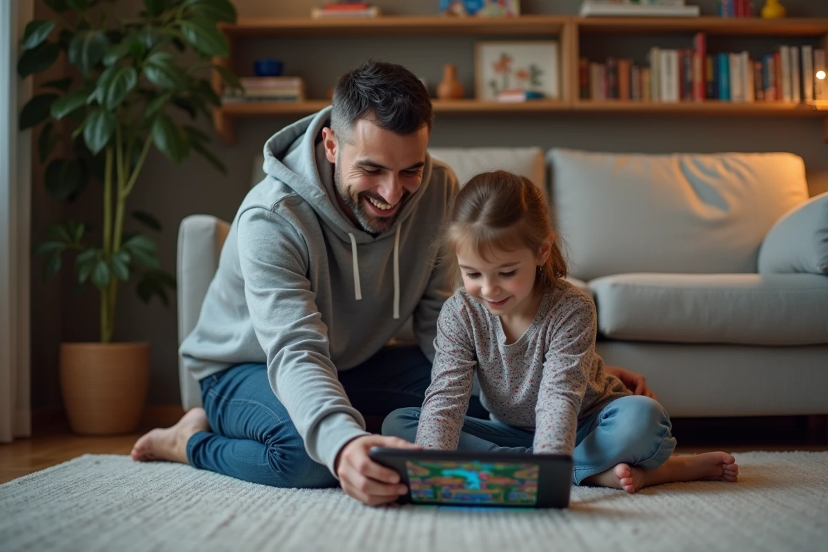 Père et fille jouant sur une tablette dans le salon