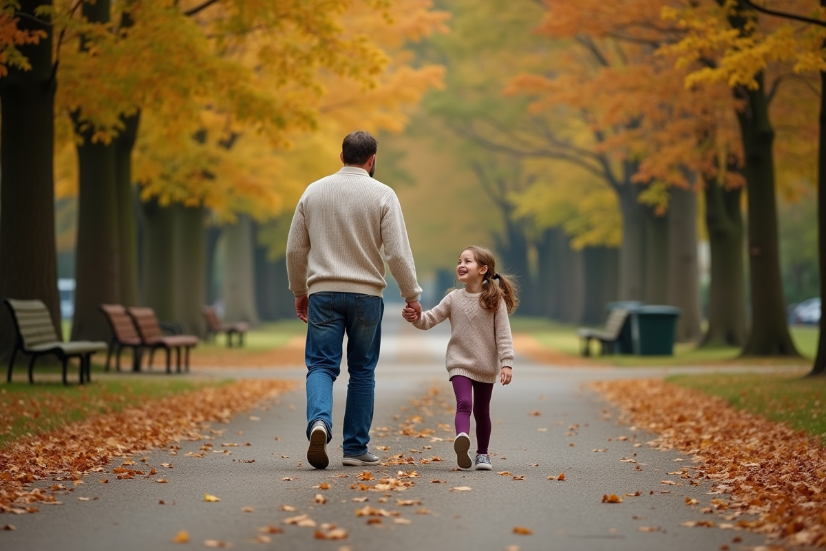 Père et fille marchant dans un parc en automne