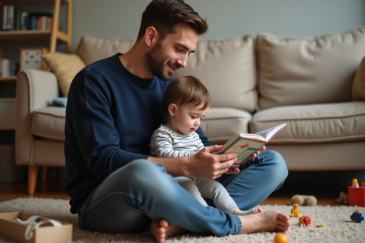 Jeune père lisant avec son enfant dans le salon familial
