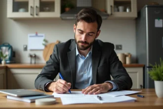 Père d'âge moyen remplissant des papiers d'assurance à la maison
