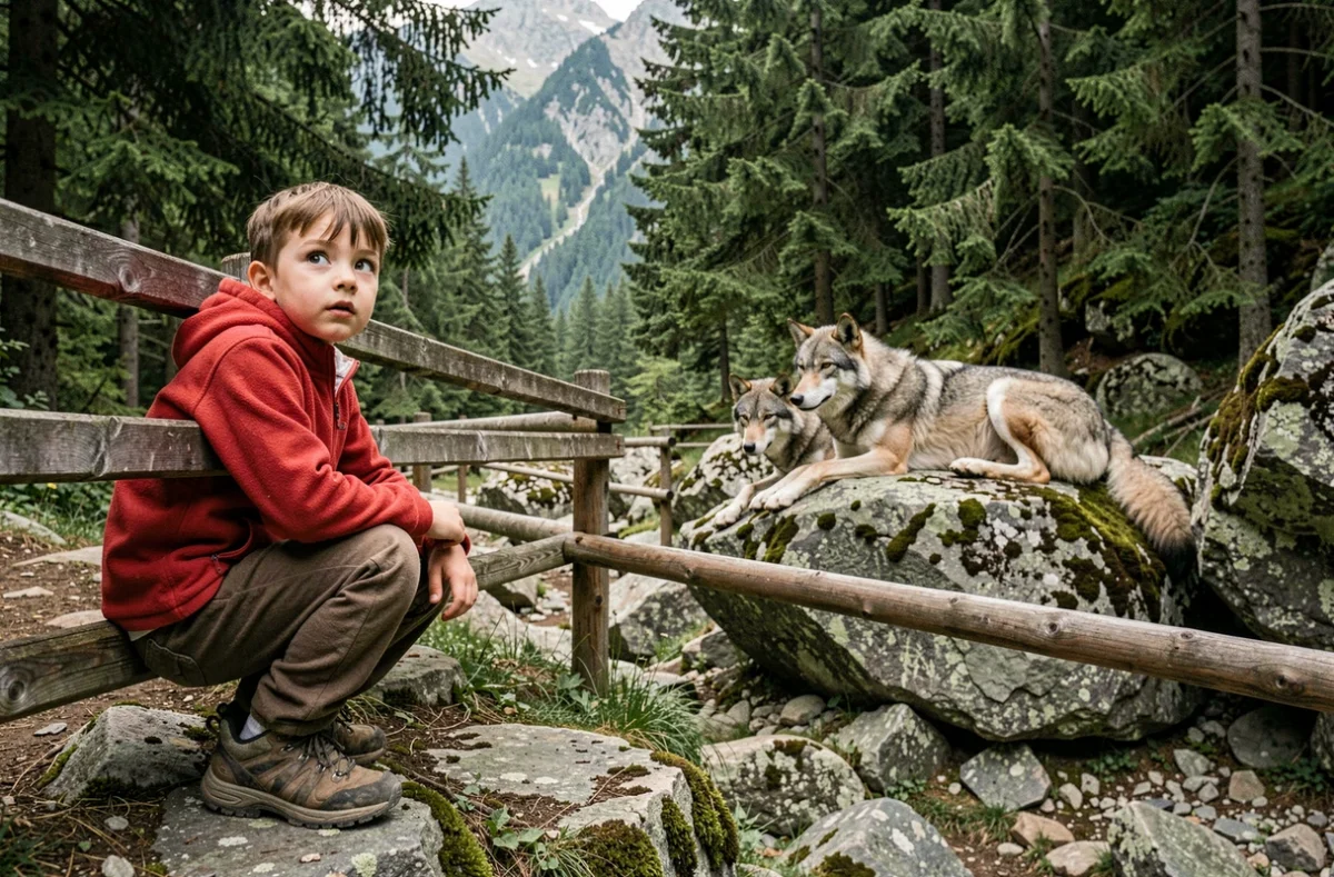 Un enfant observe des loups gris dans leur enclos naturel au Parc Alpha dans la vallée de la Vésubie