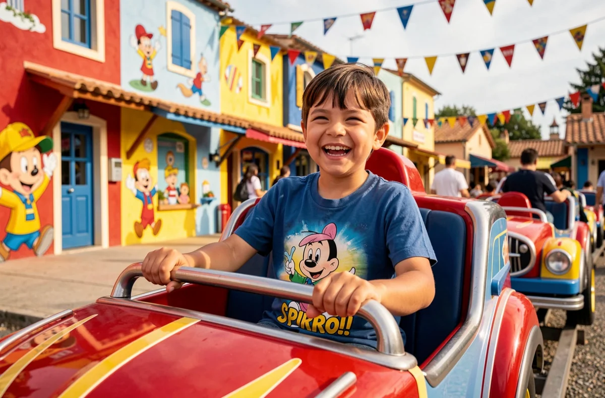 Un enfant souriant installé dans un manège thématique coloré du Parc Spirou Provence à Monteux