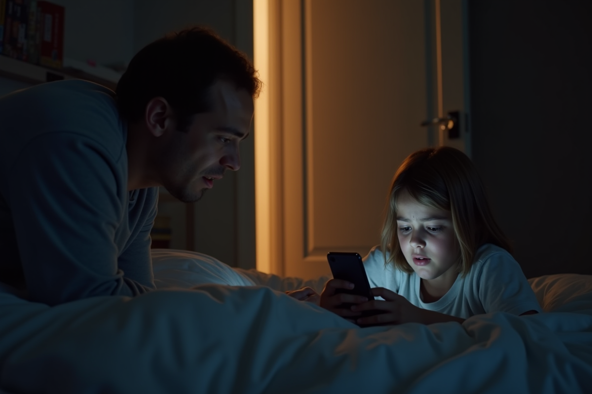 Parent surprise découvrant enfant avec smartphone la nuit