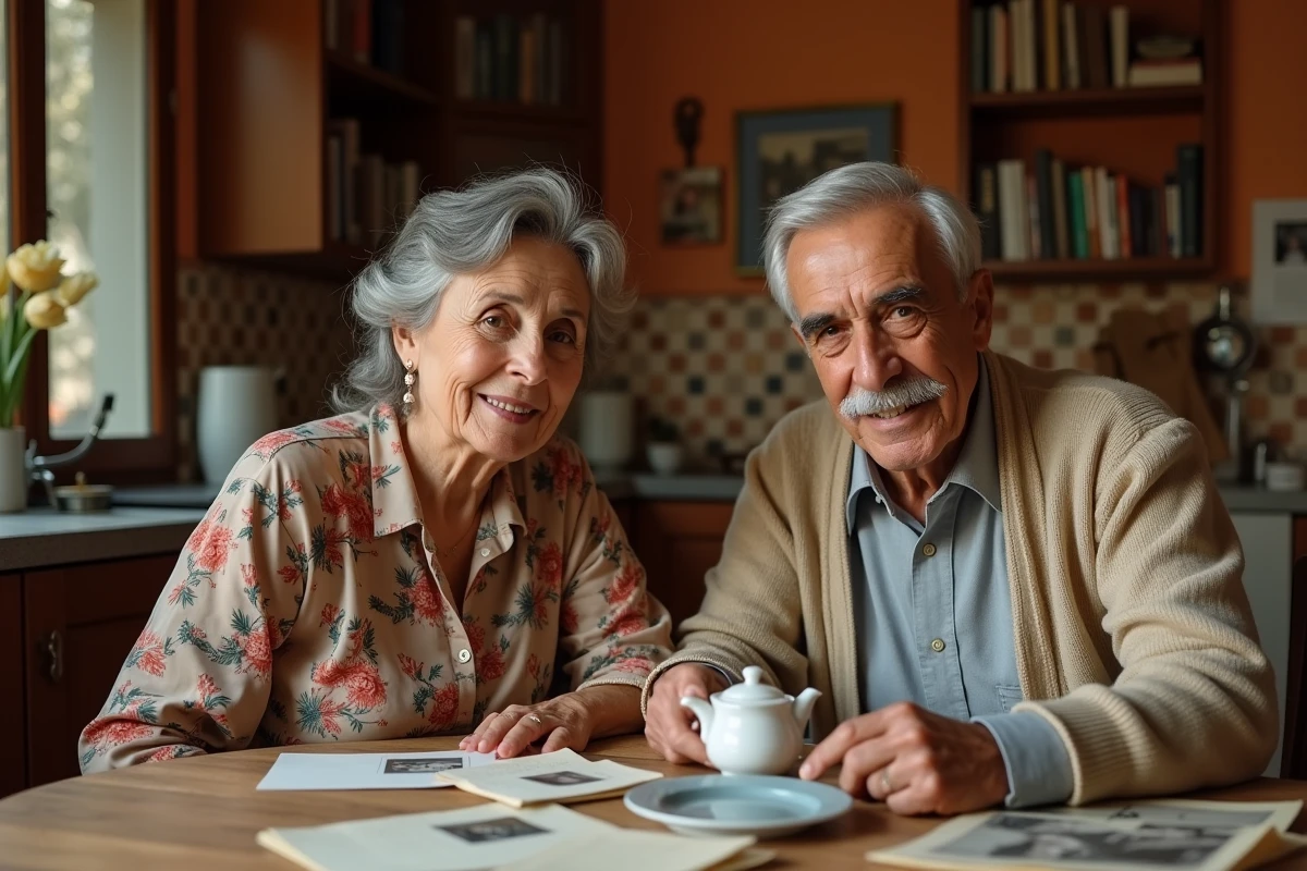 Couple de parents d'origine iranienne et libanaise dans leur cuisine familiale entourés de photos et souvenirs, symbole de l'héritage culturel transmis à leurs enfants
