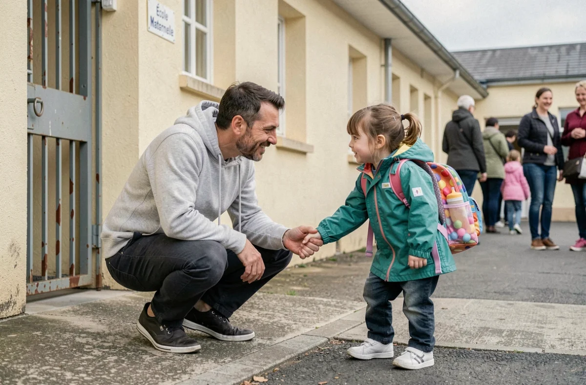 Un père accompagne sa petite fille devant l'entrée d'une école maternelle, illustrant une situation d'absence scolaire pour partir en voyage