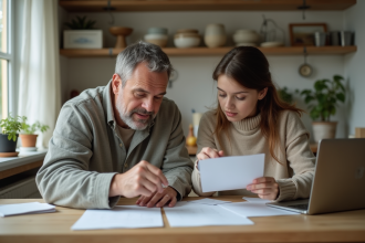 Pere et fille lisant des documents à la cuisine