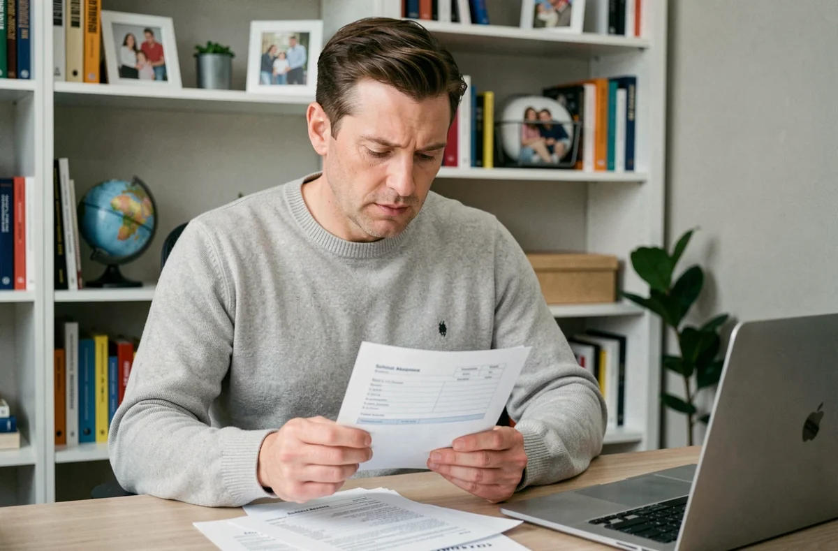 Père consultant un formulaire d'absence scolaire pour organiser des vacances en famille depuis son bureau