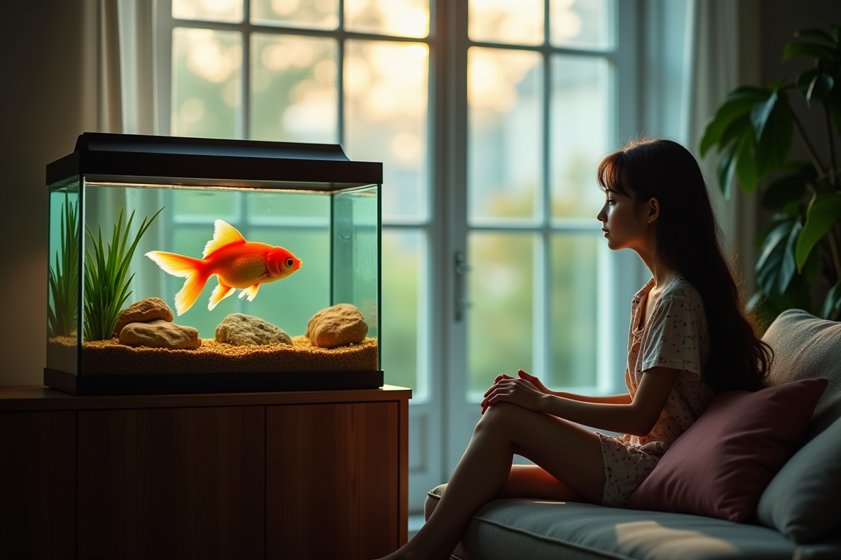 Personne observant un poisson rouge dans un aquarium à la maison