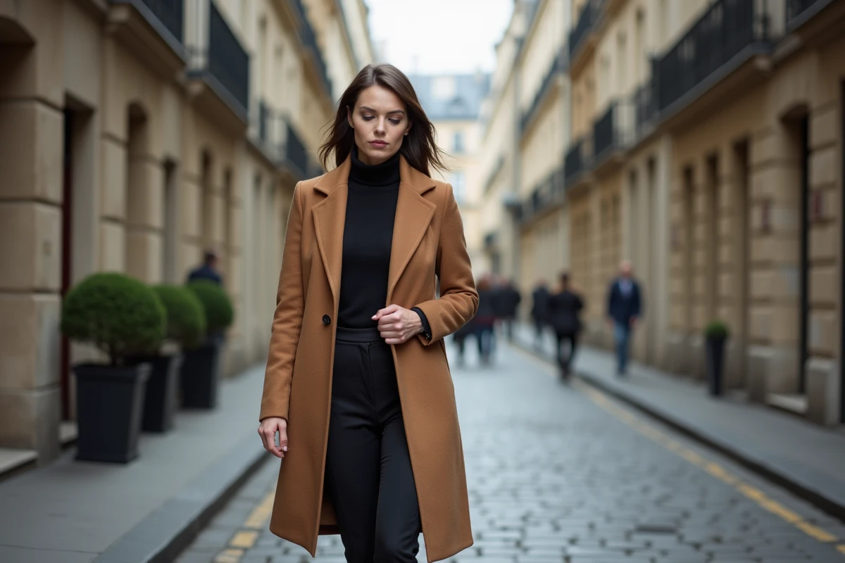 Femme discrète marchant dans une rue pavée parisienne portant un manteau camel, symbolisant la protection de la vie privée