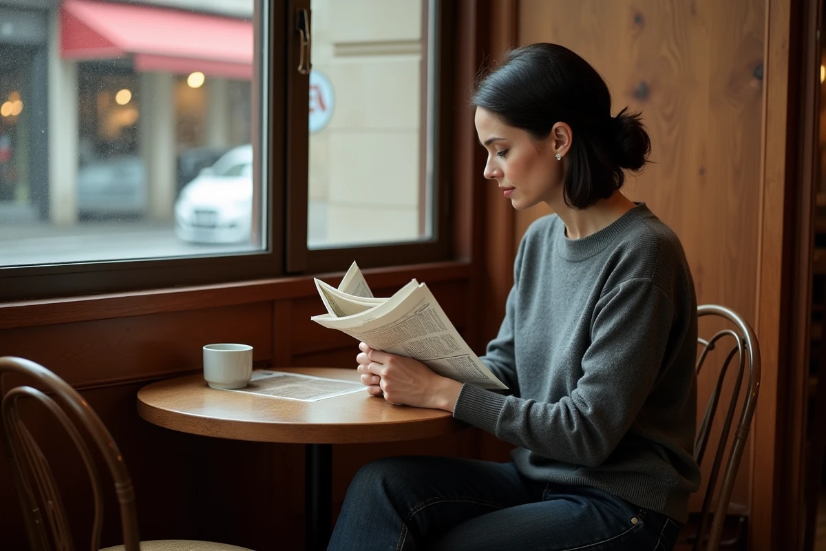 Femme connue lisant un journal dans un bistrot parisien intime, moment de vie privée préservée loin des médias
