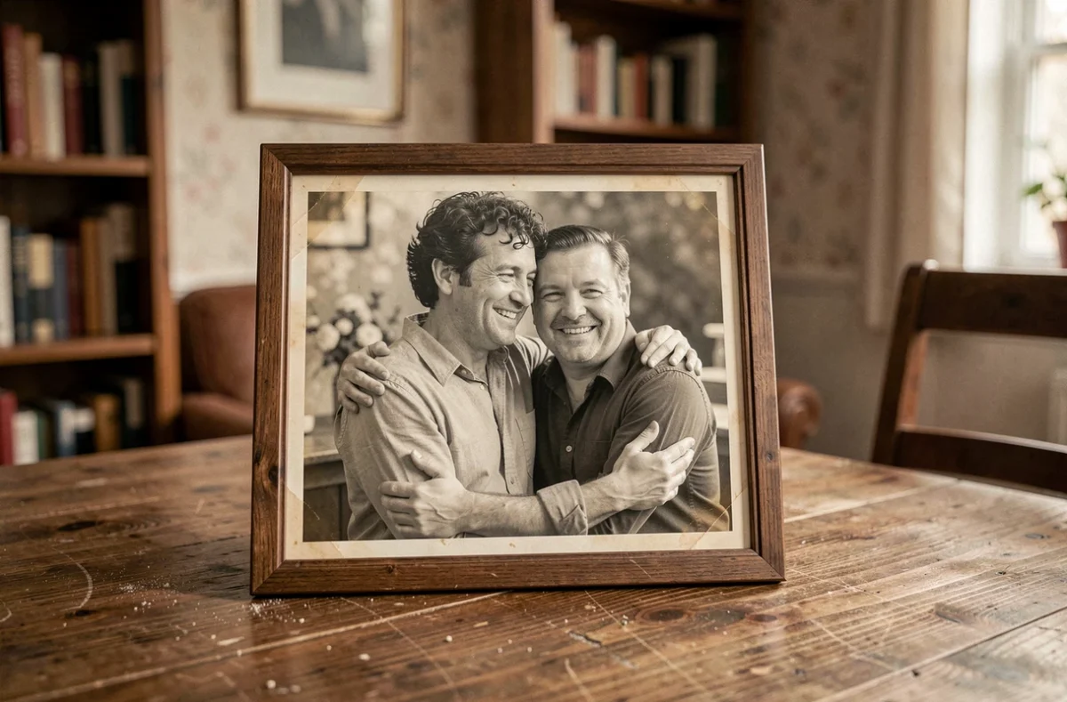 Photo encadrée de deux frères souriant ensemble posée sur une table en bois, symbole de mémoire fraternelle et de deuil