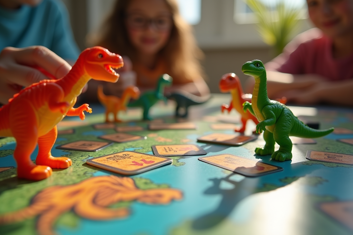 Pièces et cartes de jeu dinosaure sur la table avec mains d