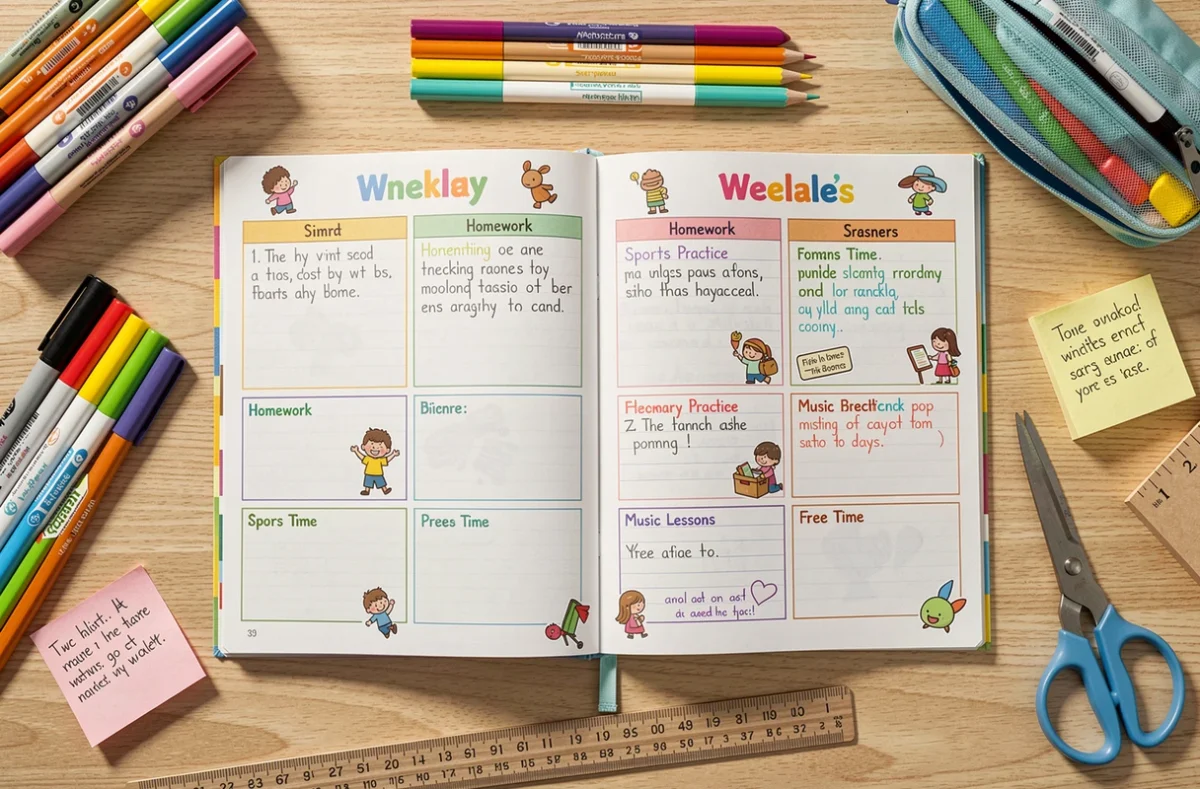 Vue de dessus d'un planning enfant imprimé rempli à la main entouré de fournitures scolaires colorées sur une table en bois clair