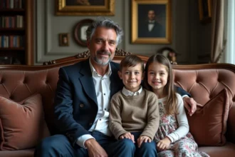 Portrait familial d'un père avec deux enfants dans un salon parisien