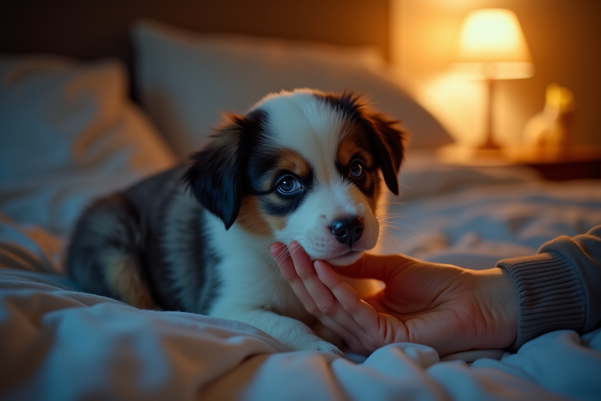Chiot Australian Shepherd réconforté par une main lors de sa première nuit