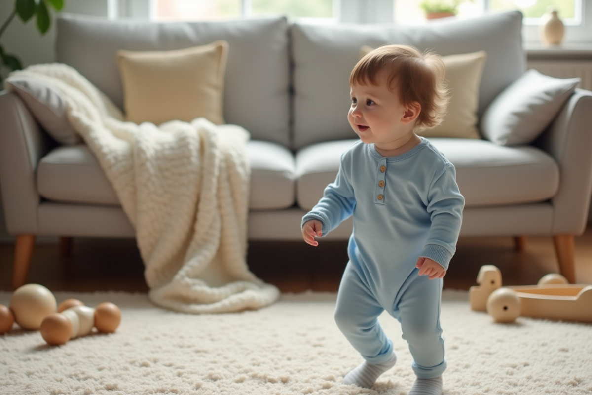Bébé de 13 mois en marche dans un salon cosy