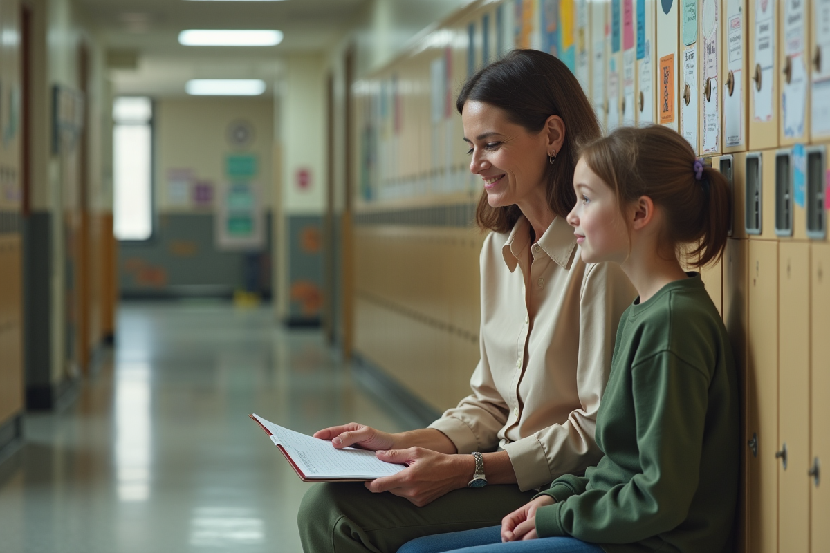 Professeure et élève dans un couloir scolaire