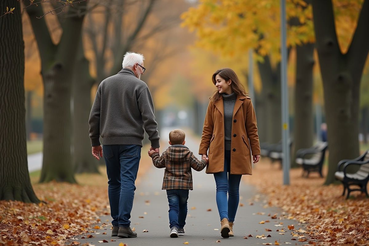 Une famille marche dans un parc en automne avec des feuilles