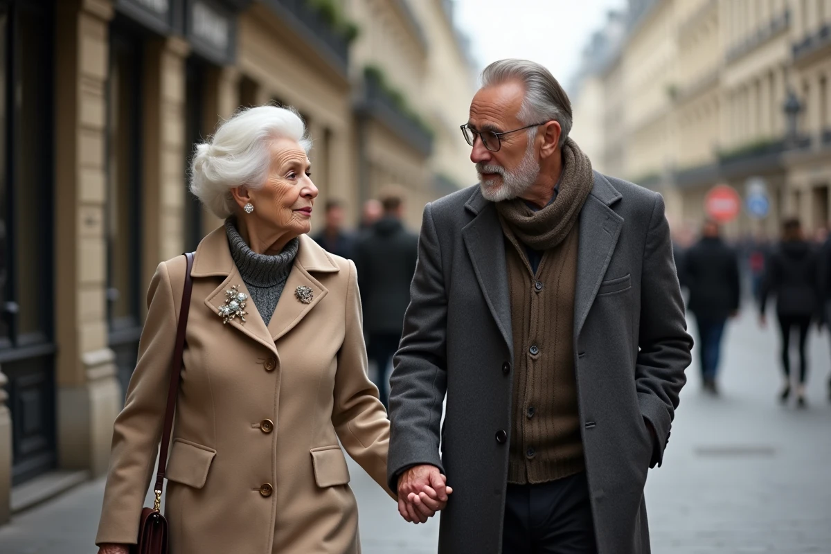 Grand-mère et petit-fils se promenant dans une rue parisienne